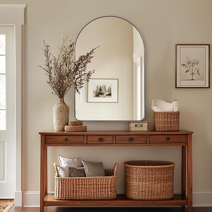 ANDY STAR Arched Wall Mirror, 24 x 38 Inch Brushed Nickle Bathroom Mirror in Stainless Steel Metal Frame, Arch Top Rounded Corner 1 Inch Deep Set Design Wall Mount Hangs Vertical