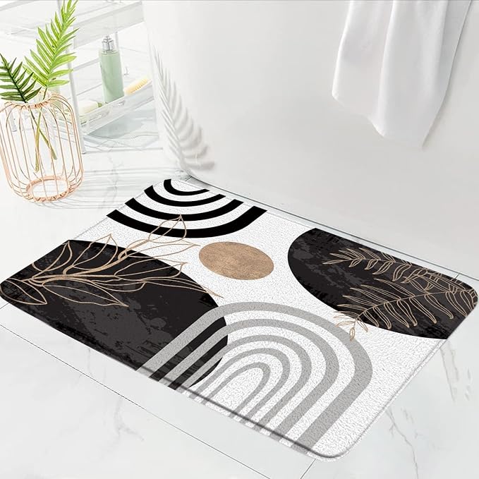 Boho Mid Century Bath Mat Black White Moern Minimalist Leaves Arch Abstract Retro Bathroom Mat Rug Memory Foam Doormat，23.5x48 Inch