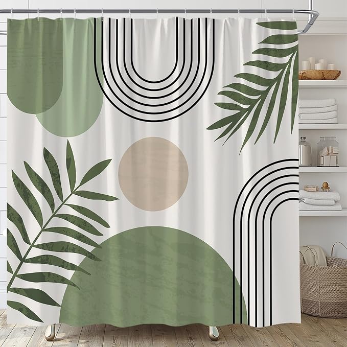 Mid Century Modern Shower Curtain Boho Sage Green Abstract Retro Aesthetic Fabric for Bathroom Decor Bathtub with Hooks (70" WX84 H)