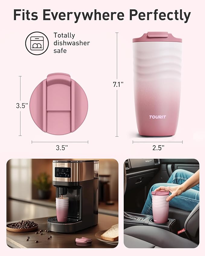 TOURIT 16 oz Travel Coffee Mug, Insulated Stainless Steel Travel Mug with Lid, Leak-Proof Double-Wall Vacuum Tumbler, Reusable Coffee Cup - Pink