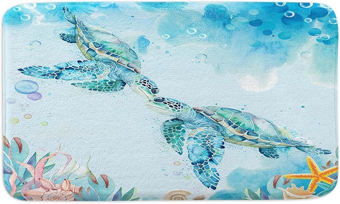 DYNH Sea Turtle Bathroom Rug, Tropical Marine Animals Blue Ocean Underwater Seashell Nautical Beach Non-Slip Bath Mat for Kitchen, 19x31 IN