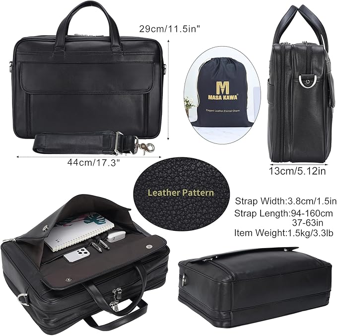 Masa Kawa Leather Briefcase for Men 15.6", 17" Laptop Computer Case Business Travel Work Messenger Cross Body Shoulder Bag