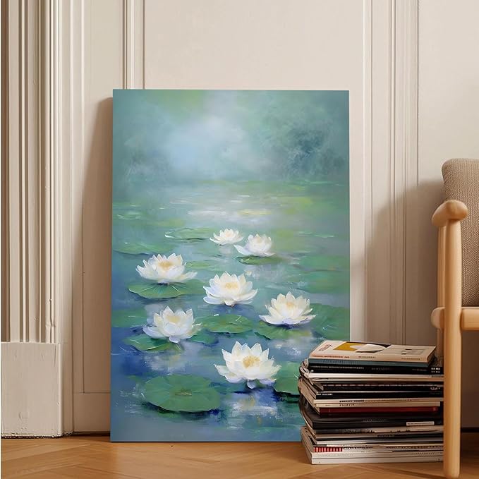 Zen wall art Delicate white lotus flower floating on calm water Vintage oil painting print Serene aquatic wall art creates a tranquil home decor 8x12in Wood Framed