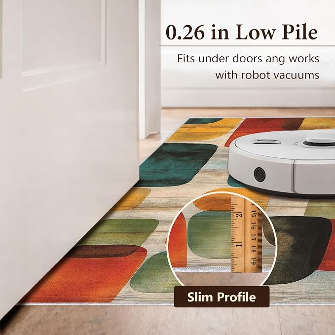 Mid Century Geometric Area Rug 4x6 ft, Retro Color Block Abstract Statement Rug, Low Pile Non-Slip Washable Indoor Rug for Living Room Bedroom