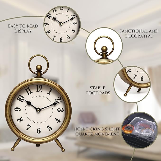 MACVAD Vintage Table Clock on Stand, Decorative Desk and Shelf Clock Farmhouse Mantel Non-Ticking Clock Rustic Metal Frame with Antique Gold Finish