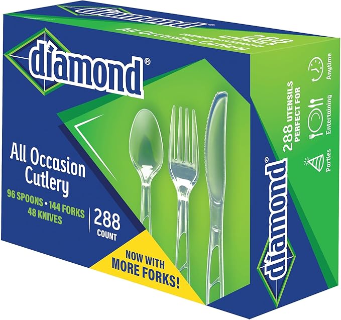 Diamond® Premium Clear Plastic Cutlery Set – 288 Count (144 Forks, 96 Spoons, 48 Knives), Disposable Full-Size Utensils, Party & Everyday Use