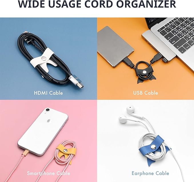 SenseAGE 5 Pack Cord Organizer, Bow Cord Keeper, Cable Organizer USB Holder, Leather Cable Management, Cable Straps, Earphone Winder, Storage Straps for Electronics, Earbuds, Small, Pink