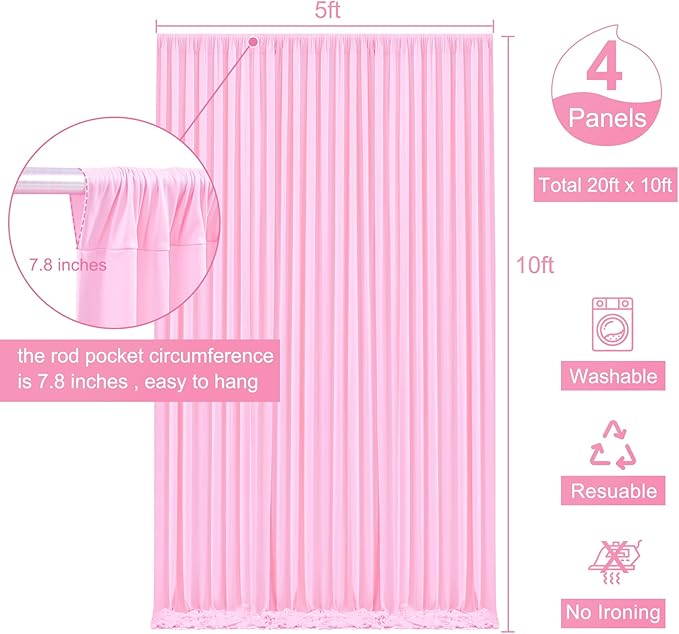 4 Panels Pink Backdrop Curtain for Parties Baby Shower Wrinkle Free Pink Photo Curtains Backdrop Drapes Fabric Decoration for Wedding Birthday Party 20ft(W) x 10ft(H)