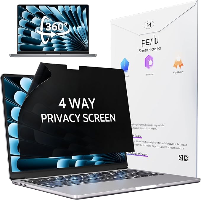 Peslv 360° 4 Way Privacy Screen for Macbook Air 13.6 &13 Inch (2022-2025, M2, M3, M4), Anti Glare Blue Light Spy Filter Private Cover, Bubble-Free Black Security Protector for Mac Laptop