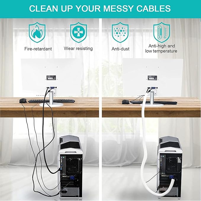 6.6ft - 1 inch Gold Cable Sleeve, Cable Organizer for Desk PC TV Computer, Wire Protector Cable Wrap Cover, Cord Management for Home Office
