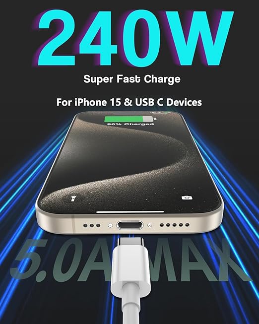 240W USB C Cable, USB C to USB C, C to C Cable Fast Charging for MacBook Pro/MacBook Air, iPad Pro/iPad Air, iPhone 16 Pro Max/ 16 15 Pro/Plus,Samsung,Compatible 140W/100W /65W/45W/35W/20W (2Pack,3ft)