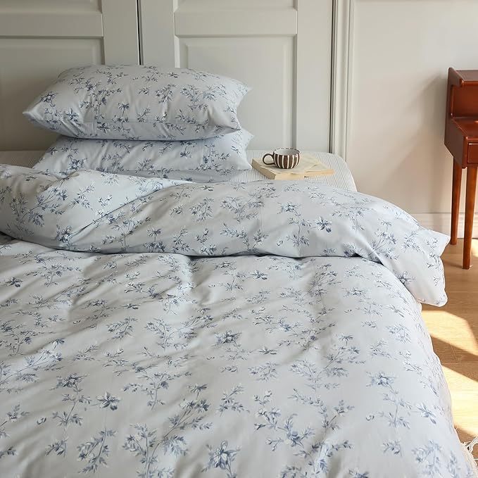 Twin Size Duvet Cover Vintage Blue Floral Duvet Cover Boho Coquette Bedding Set Lightweight Cotton Flower Comforter Cover Aesthetic Boho Farmhouse Bedding Flower Duvet Cover Twin