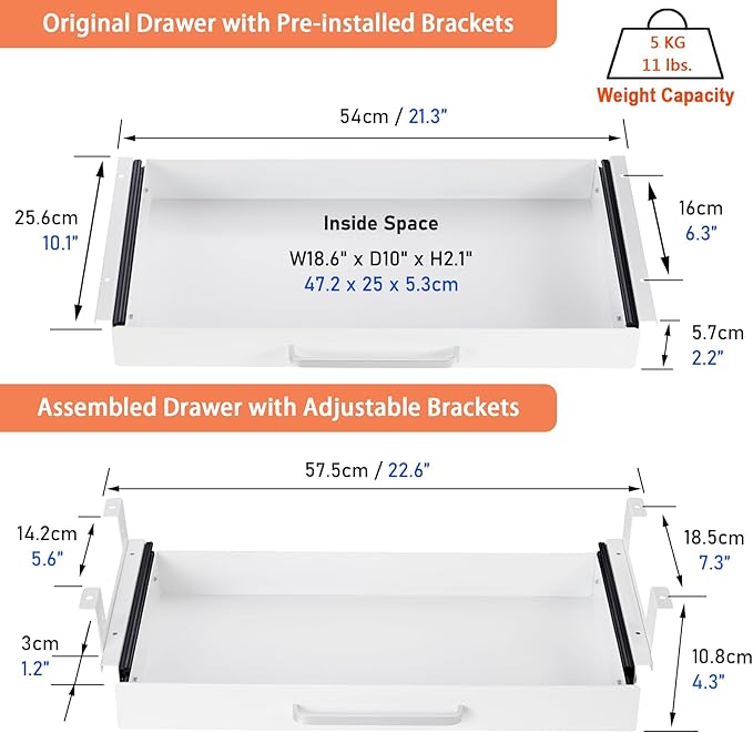 OSteed Under Desk Drawer Organizer 21" White Upgrade with Adjustable Brackets, Sliding Pull-Out Under Table Pencil Drawer, Office Standing Desk Attachment for Workbench