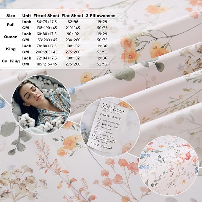 Zusbest Floral Bed Sheets Cal King Percale Cotton Orange Blue Flower Sheet Set Green Botanical Printed on White Patterned Deep Pocket Sheets, Crisp Soft Breathable for Hot Sleepers, California King