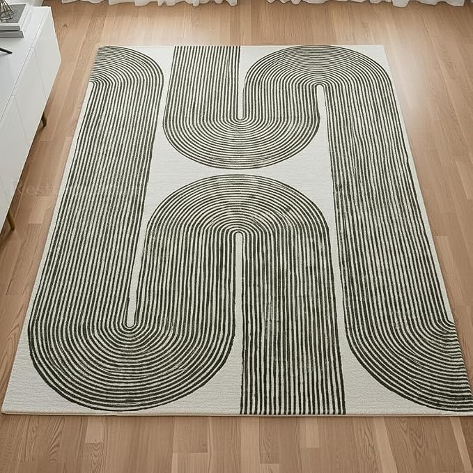 Modern Handmade Wool Area Rug, Abstract Curved Line Geometric Carpet for Living Room Bedroom, Contemporary Tufted Indoor Rug with Soft Pile and Cotton Backing (Olive, 5' x 7')