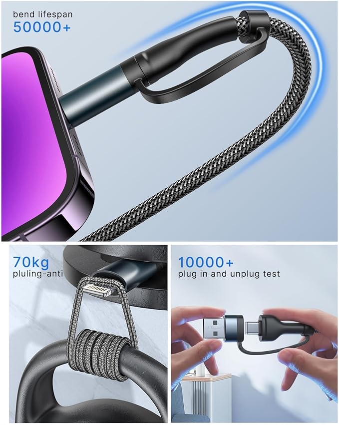 XUDUO 4-in-1 USB C Cable Lightning Cable 60W [Fast Charging & Data Sync] 6FT Multi IP-ad Charger Cable Charging Cord Lightning/Type C/USB A Ports for iPhone 16/15/15 Pro/15 Plus/15 14 Pro Max
