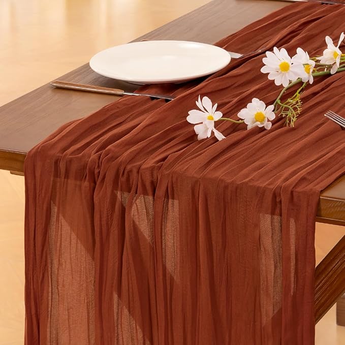Socomi Fall Thanksgiving Cheesecloth Table Runner 3pcs Terracotta Boho Rustic Gauze 120 inch 10FT Cheese Cloth Runner for Wedding Party Baby Shower Birthday Home Decor Holiday Decorations