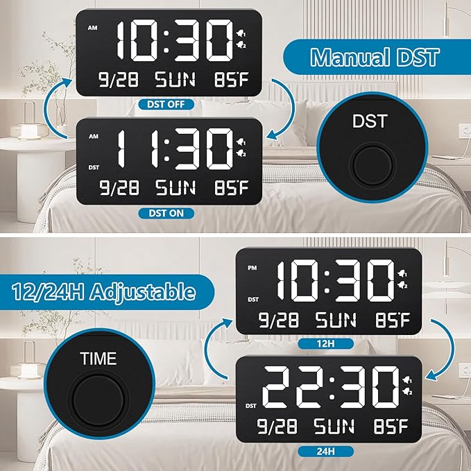 Fomobest Wooden Digital Alarm Clock for Bedroom - Desk Clock with Date, Day of Week, Temperature, Dual Alarms, Dimmer, USB Port Charge, DST, Adjustable Volume for Living Room/Office Wood Decor (Black)