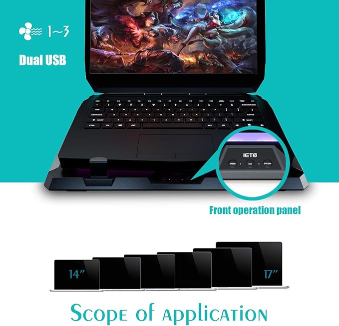 IETS GT300 Double Blower Laptop Cooling Pad for 14-17 Inch Gaming Laptop, Cooler Pad with Dust Filter, Flexible Rubber Ring, Colorful Lights,Adjustable Mount Stand,Third Gear Speed
