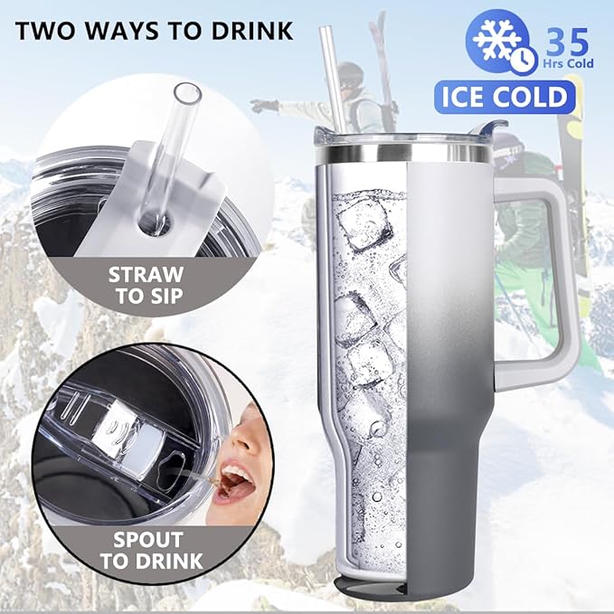 SYACOT 40 oz Tumbler with Handle and Straw Stainless Steel Insulated Tumbler Leak Proof Lid and Straw Lid Reusable Travel Mug Coffee Mug Cup Dishwasher Safe Keep Drinks Cold and Hot (Grey&Black)