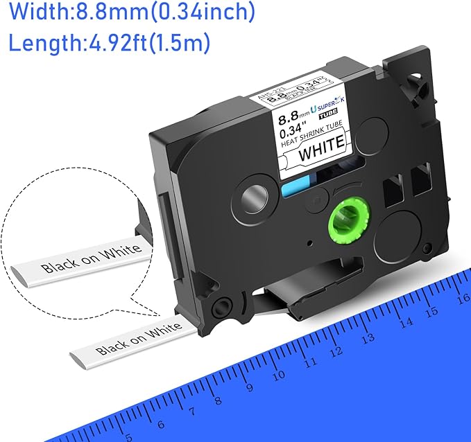 3 Pack Heat Shrink Label Tape Compatible for Brother Ptouch HSe-221 HSe221 HS-221 HS221 Black on White 8.8mm 0.34'' for Wire Cable use in PT-P710BT P700 P750W P900 Label Printer