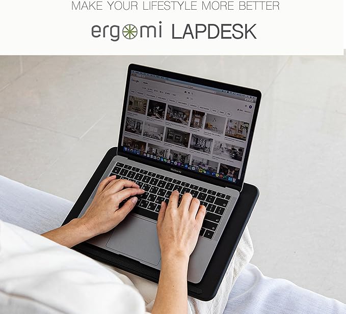 ergomi Lap Desk with Soft Cushion and Wrist Rest – Portable Laptop Desk for Bed, Couch & Home Office, PU Surface Tray with Handle for 15.6 inch Laptop (Medium, Black)