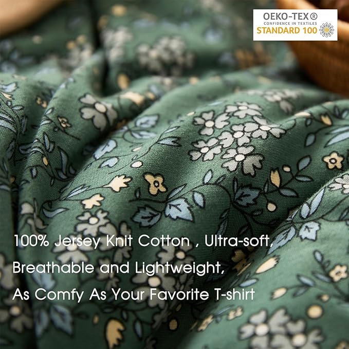 EAVD Premium Soft 100% Jersey Knit Cotton Duvet Cover Green Floral Duvet Cover Queen Vintage Style Botanical Bedding Set for children,teens,boys,girls, women&men Chic Shabby Reversible Comforter Set