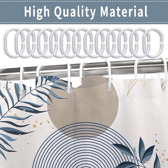 Boho Mid Century Shower Curtain, Navy Blue Modern Minimalist Abstract Geometric Gold Plant Leaves Sun Arch Bathroom Curtains Waterproof Fabric Buthtub Curtain Set with Hooks 48" Wx72 L