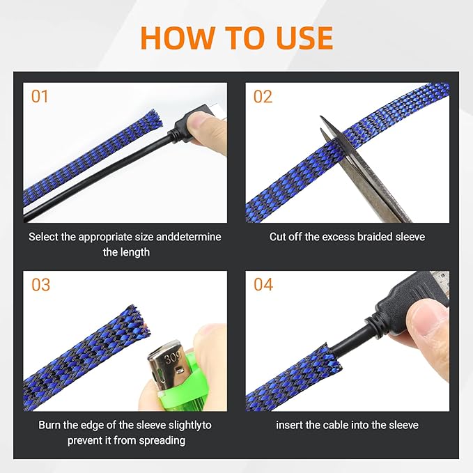 Braided Expandable Cable Sleeve, 25ft PP Cotton and PET Braided Cable Management, Flexible Mesh Wire Loom and Cable Protector for TV, Computer, Home Theater, Automotive (Blue, 1/8")