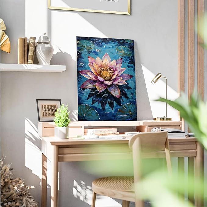 Gorgeous pink and purple water lilies on deep blue water Eye-catching oil painting Serene aquatic wall art for modern home decor 16x24in Frameless