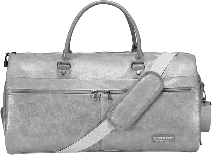 STOVER Garment Travel Duffle Bag, Large 2-in-1 Convertible Carry-on Luggage for Men & Women- Hanging Suits, Dresses & Clothes + Shoe Compartment- Weekender Tote Combo Duffel (Grey Leatherette)
