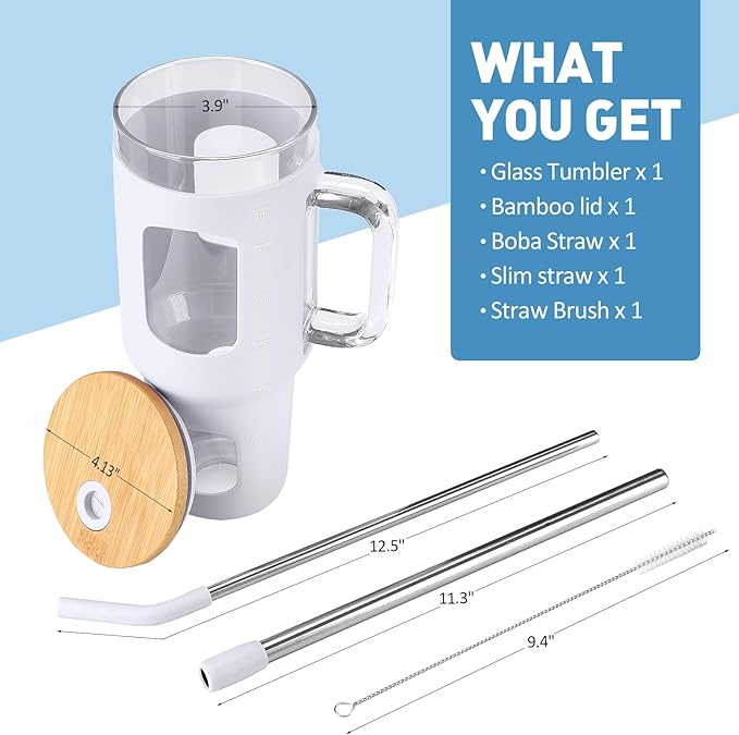 Glass Tumbler with Straw and Lid, 40 oz glass cup with handle, Glass Water Bottles with Time Marker, Silicone Protective Sleeve-White