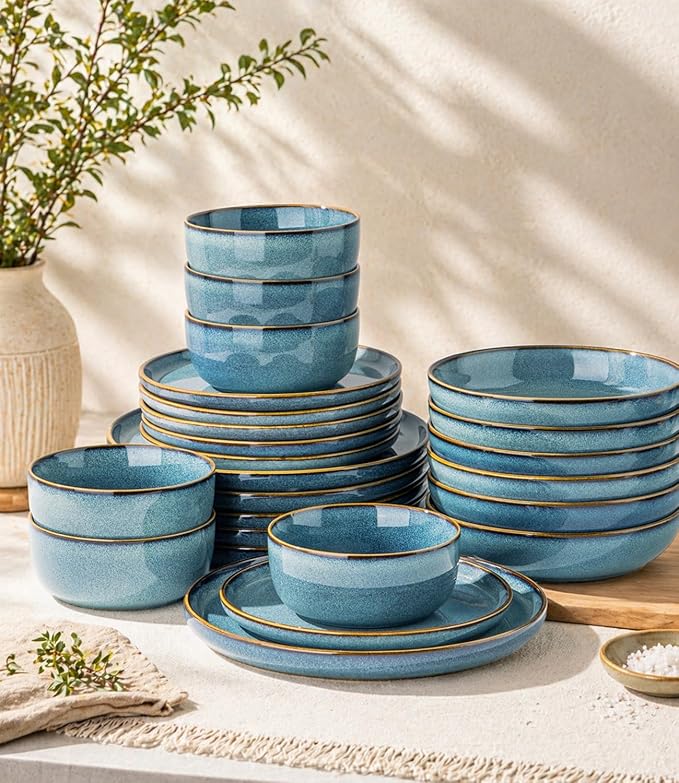 GBHOME 32 Pieces Double Bowls Ceramic Dinnerware Sets for 8, Stoneware Plates and Bowls Set with Reactive Glaze, Scratch Resistant Stoneware Dishes Set, Dishwasher & Microwave Safe