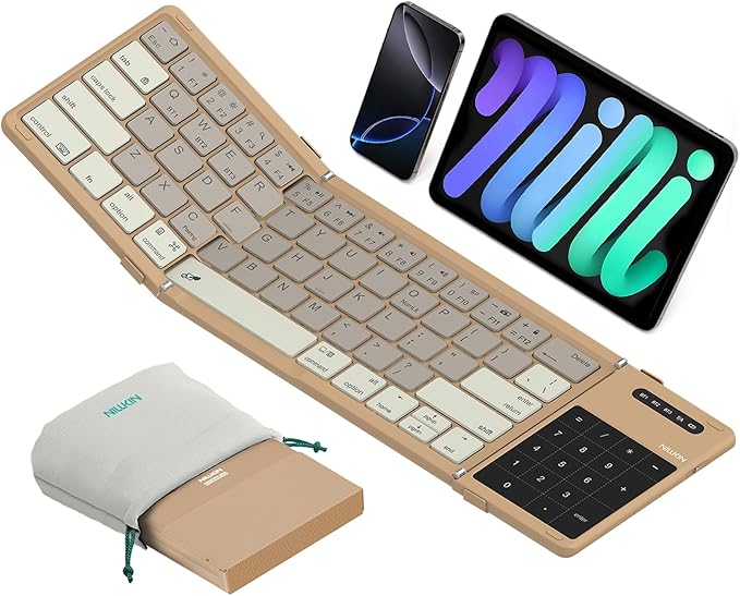 Nillkin Upgraded Foldable Bluetooth Keyboard with Touchpad & Number Pad, Portable Wireless Keyboard for Travel, Pocket-Sized, Full Size Keys, Support 3 Devices for iPad Laptop Tablets Phone, Khaki