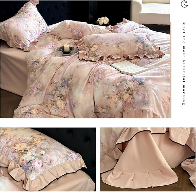 HighBuy Pink Floral Ruffle Duvet Cover Set Twin,Ruffle Comforter Cover Chic Cottagecore Brushed Cotton Breathable for Teen Girls,3 Piece Farmhouse Bedding Set(1 Duvet Cover,2 Pillowcases)