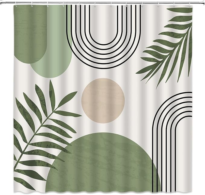 Mid Century Modern Shower Curtain Boho Sage Green Abstract Retro Aesthetic Fabric for Bathroom Decor Bathtub with Hooks (70" WX70 H)