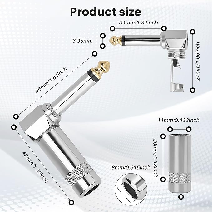Togconn Right Angle 6.35mm 1/4 Inch TS Mono Plug 2 Pack, 90 Degree 1/4" Solder Type DIY Audio Cable Adapter Connector, Metal Housing for Guitar/Speaker/Microphone Audio Cable Repair Replacement