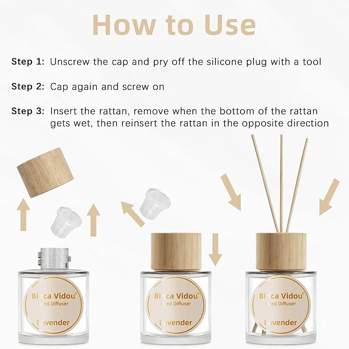 Reed Diffuser Set of 3, Binca Vidou Lavender Vanilla Clean Cotton Natural Scent Oil Diffusers with Sticks for Home Office Bathroom Aromatherapy Decor 1.69oz x 3