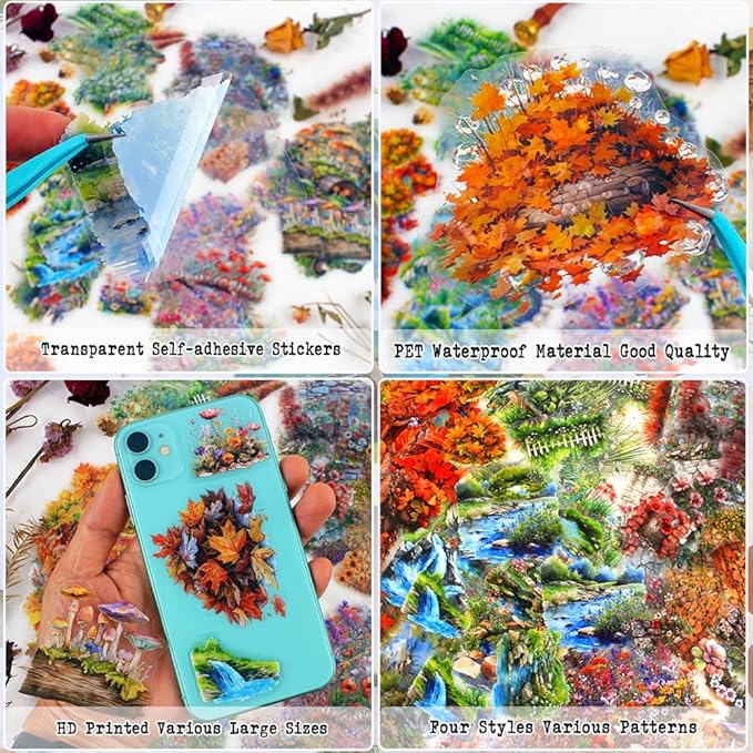 Nature Landscape Scrapbooking Sticker Set, 240 Pieces, 6 Themes Transparent PET Stickers for Journaling, Junk Journal Supplies, Planner, Collage, Bujo, Mixed Media, DIY Crafts Arts