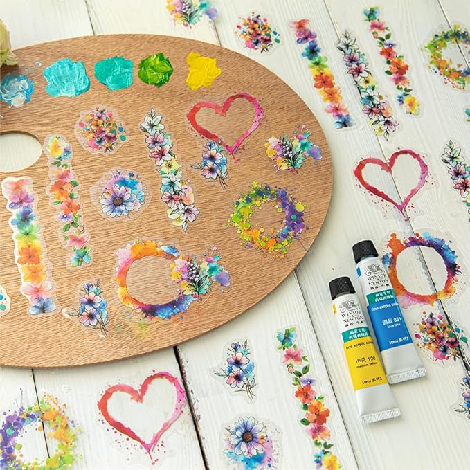 Dwpetzo 120Pcs Watercolor Decorative Stickers for Journaling, 6 Pack Flower Lace Frame Transparent PET Stickers for Scrapbooking, Junk Journal Supplies, Collage, Card Making, Crafts Arts