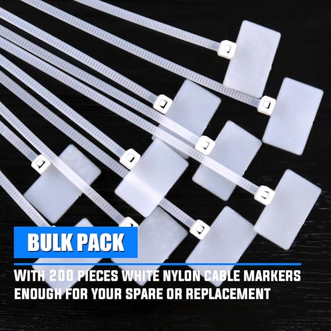 Glarks 200-Pieces 6 Inch Nylon Cable Marker Ties Self-locking Cord Tags Write on Ethernet Label Wire Straps with 3 Marker Pens and 288Pcs White Self-Adhesive Cable Labels for Home and Office Use