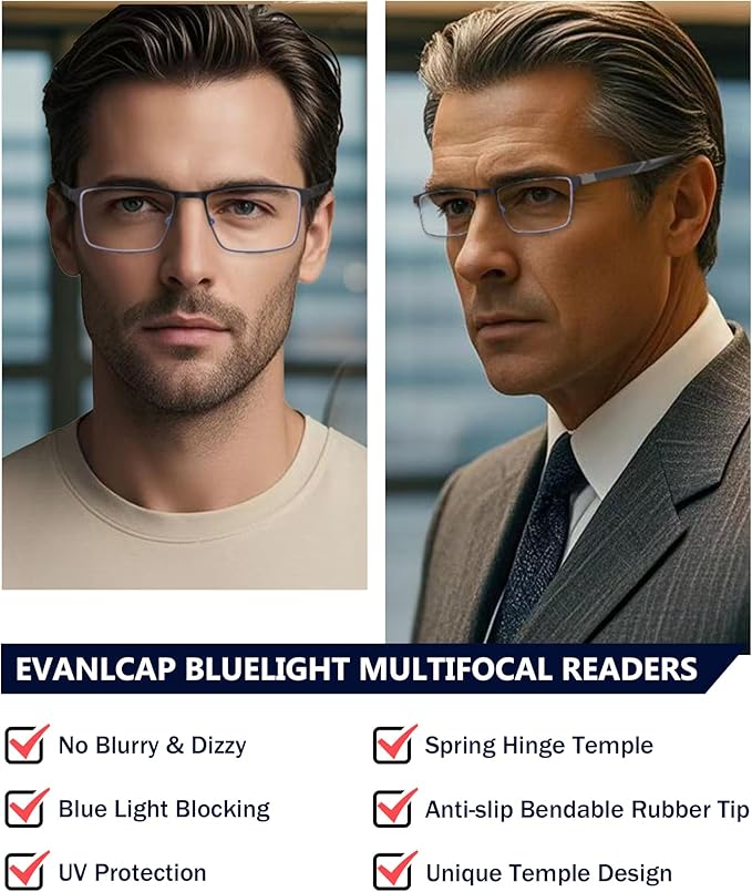 EVANLCAP 2 Pack Progressive Multifocus Reading Glasse for Men,Blue Light Blocking Computer Readers Multifocal Eyeglasses