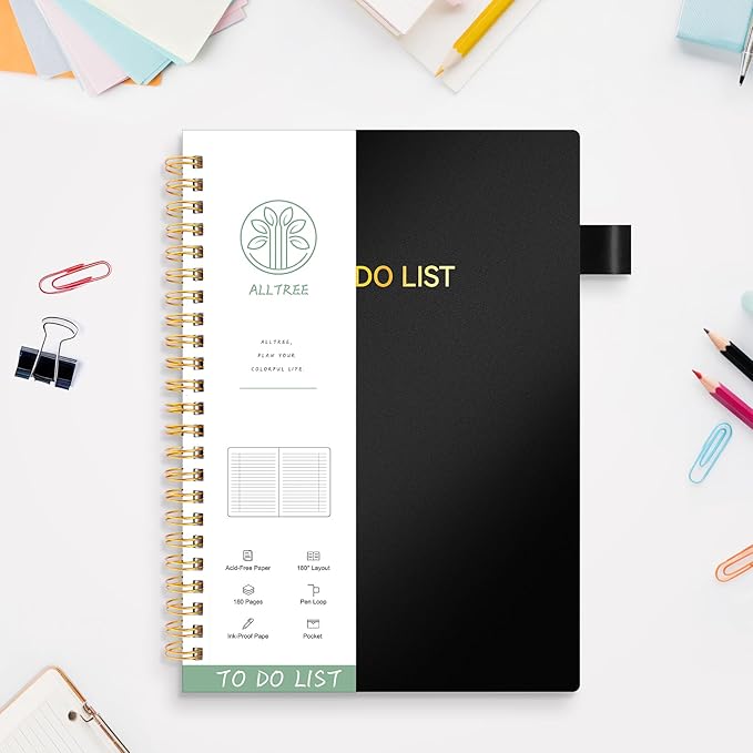 To Do List Notebook for Work, Daily To Do List Planner, ALLTREE To Do List Notebook Spiral Planner, Work Planner with Pocket, Pen Loop, 160 Pages, Black (7"x10")