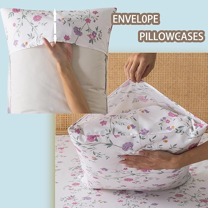 Zusbest- Queen Sheets, Soft 100% Cotton Pink & Off White Floral Bed Sheets,Shabby Vintage Chic Purple Flower Printed Sheets,Breathable Home Decor, Garden Style 4 Piece Deep Pocket Sheets（Rosy）