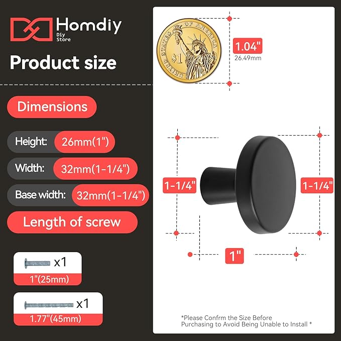 homdiy 15 Pack Black Cabinet Knobs Round Matte Kitchen Handles Zinc Alloy Metal Hardware for Dresser Drawer Desk Cupboard