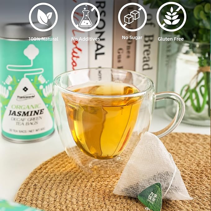 Decaf Jasmine Tea Bags, Authentic Pure Decaffeinated Jasmine Green Tea, Super Antioxidant, 20 Count Tea Bags for Hot & Iced Tea