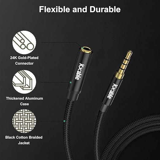 Kxable 3.5mm Headphone Extension Cable 20FT, 4 Pole TRRS 1/8 inch Male to Female Stereo Audio Cord, Nylon Braided, Microphone Compatible, for Headphone, iPad, Smartphone, Media Players, Tablet- Slim
