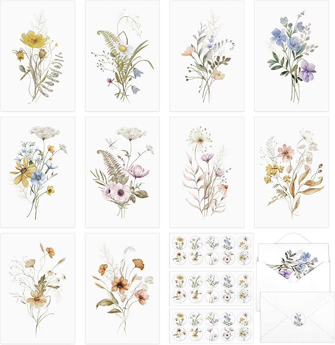 Thboxes Blank Cards and Envelopes, 40 Pack Blank Note Cards 4x6 in Elegant Floral Greeting Card with Sealing Stickers, Note Card and Envelopes Stationary Set for All Occasions (10 Floral Designs)
