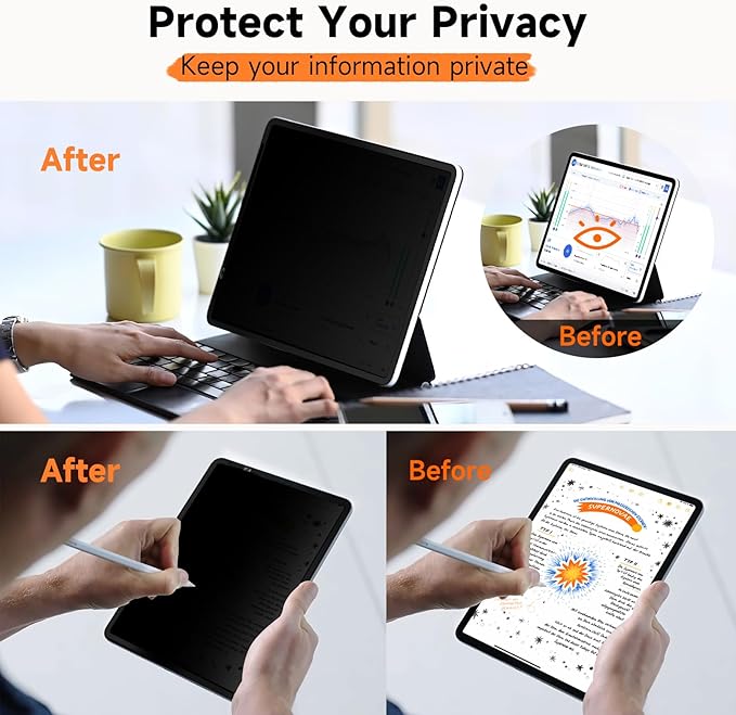 Upgrade 360° Privacy Screen Protector for iPad Air 11 inch M3 2025 & M2 2024, (iPad Air 7th/6th Generation), Magicsuction 4-Way Anti Spy Glare Blue Light Filter (Landscape+Portrait Privacy), Bubble Free/Reusable