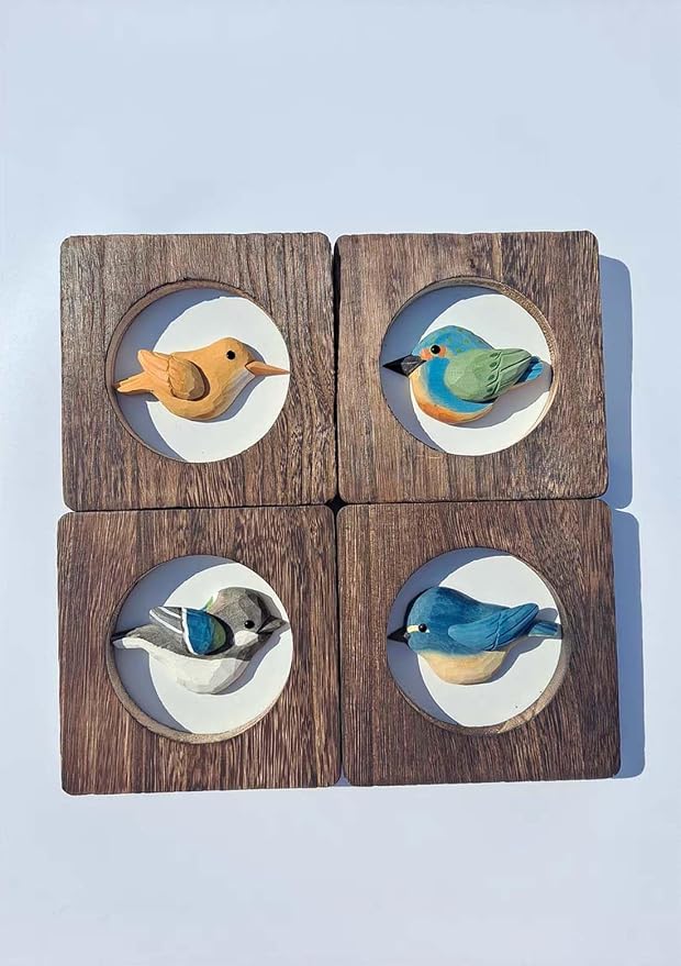 Wood Bird Sculpture with Frame, Cute Hand Carved Bird Wall Art Bird Wall Decor Wooden Wall Decor Desk Table Ornament Office Home Décor Bird Gift (Green)